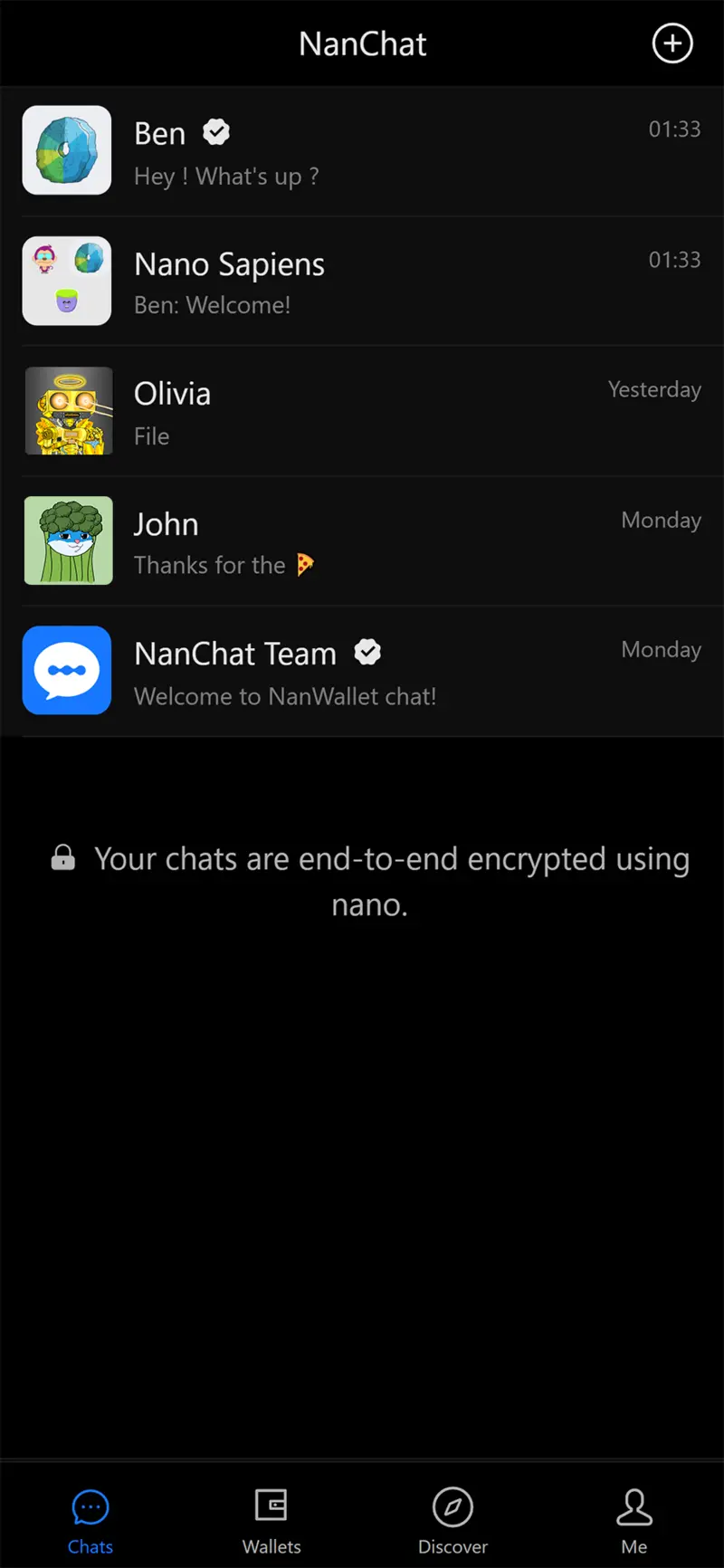 NanChat app showing encrypted chat and Nano wallet interface